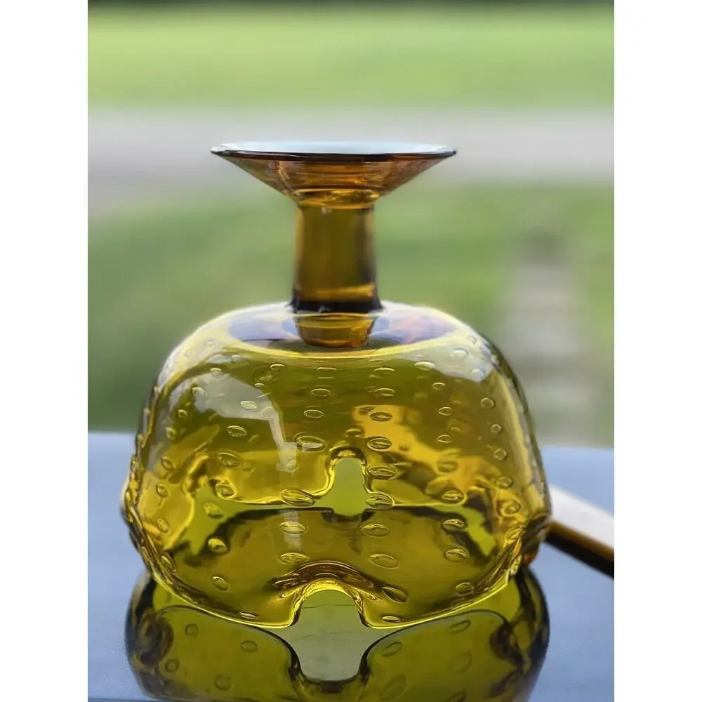 Bischoff Gold Footed Bubbles Compote Bowl Pinched Edge Art Glass Amber Pedestal‎